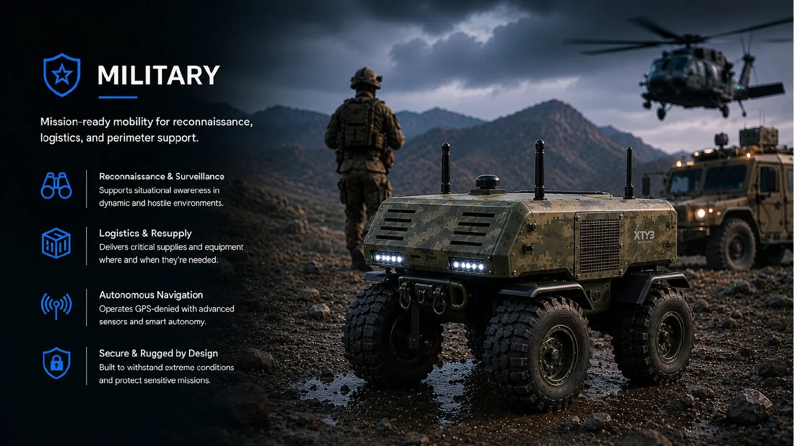 Concept rendering of an XTY3 unmanned ground vehicle platform operating with military personnel in rugged terrain.