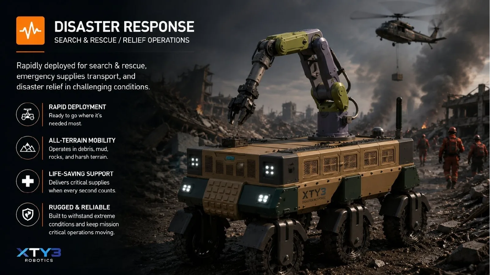 Concept rendering of an XTY3 robotic platform supporting disaster-response and rescue operations.