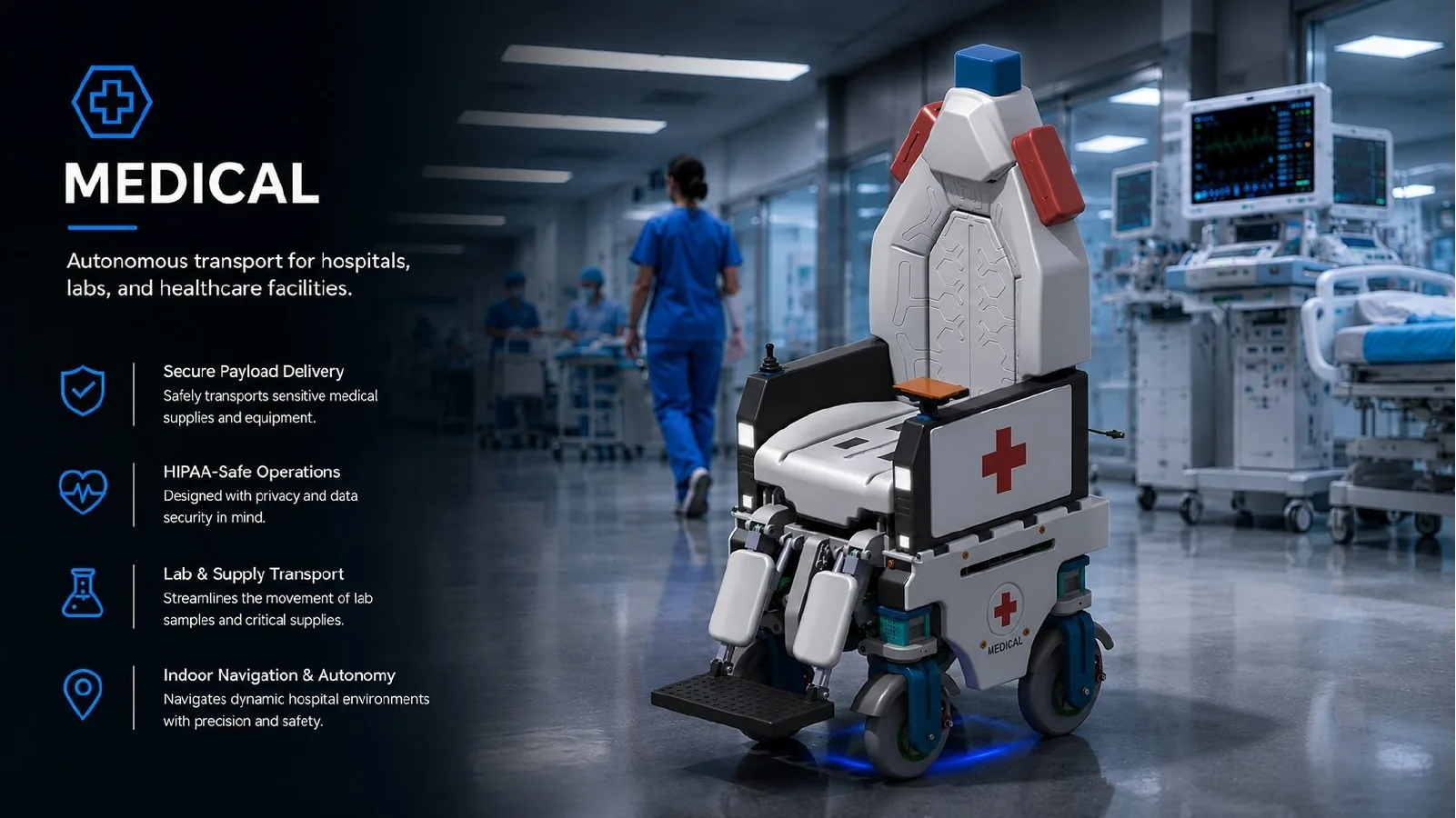 Concept rendering of an XTY3 autonomous mobility platform configured for hospital logistics beside medical staff and equipment.