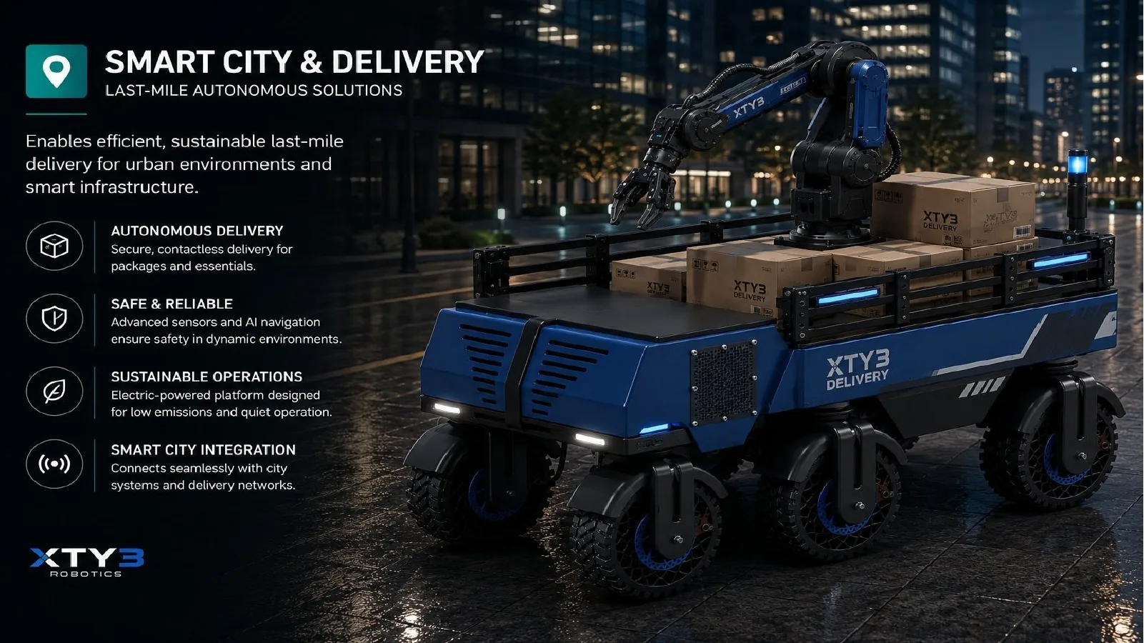 Concept rendering of an XTY3 autonomous delivery platform operating in a smart-city environment.