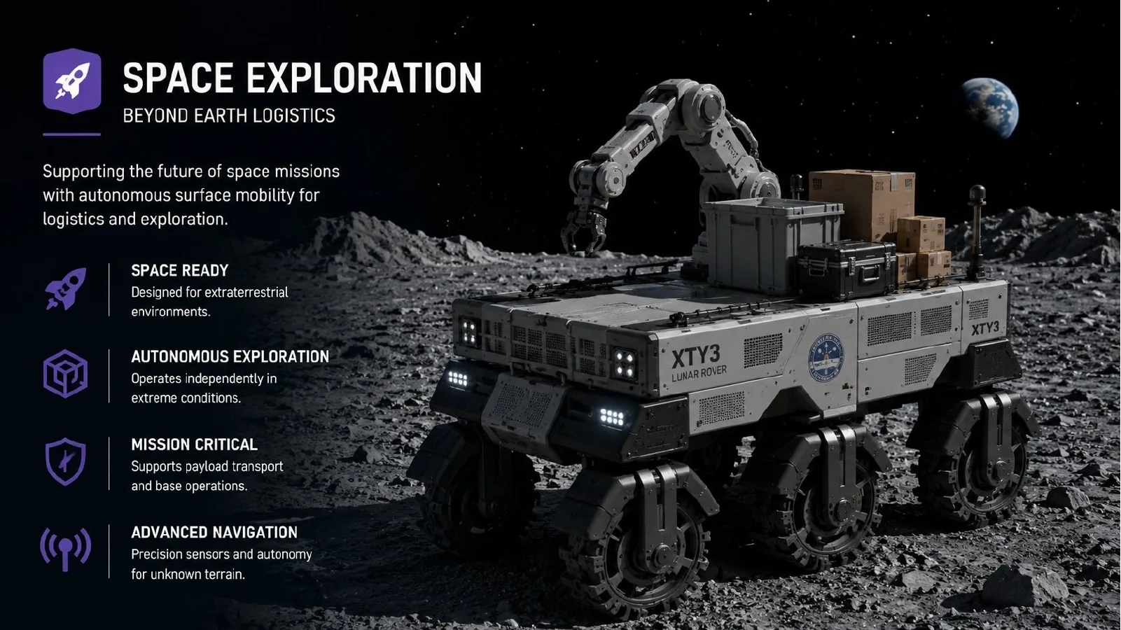 Concept rendering of an XTY3 robotic mobility platform supporting lunar surface logistics.